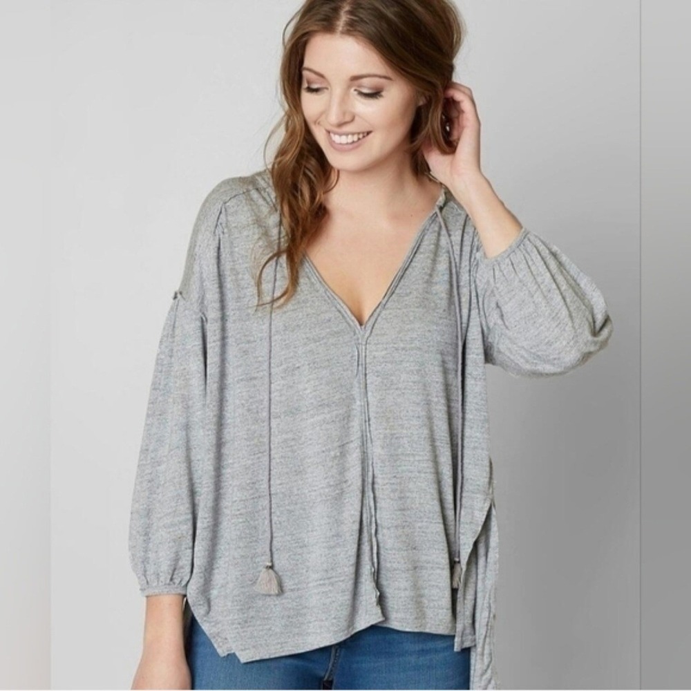 We The Free Free People Gray Linen Blend Tassel‎ V-Neck Balloon Sleeve Tunic M